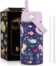 Kids Water Bottle 410ml Stainless Steel Hydro Flask Double Wall Insulated Thermal Bottle with Straw Lid BPA Free Cup Hot Cold Sports Toddler School Boys Girls 14oz (DINOSAUR BLUE 410ML) - MERMAID