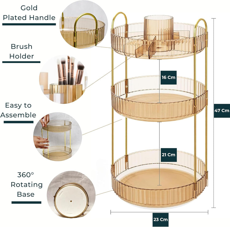 Sortify Rotating Makeup Organizer with Makeup Brush Holder, Save 80% of Vanity Space with Luxury Cosmetic Organizer 3 Tier, 360° Spinning Lazy Susan Skincare Organizer Stand, Gold 47x23x23cm