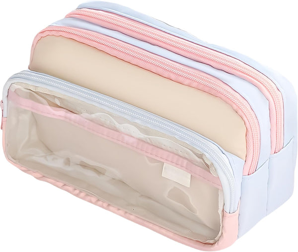 4 Layer Transparent Pencil Case, Large Capacity Organizer Pouch, Double Color Clear Storage Bag for Pens Makeup and Supplies, Aesthetic Desk and Travel Organizer, Pink