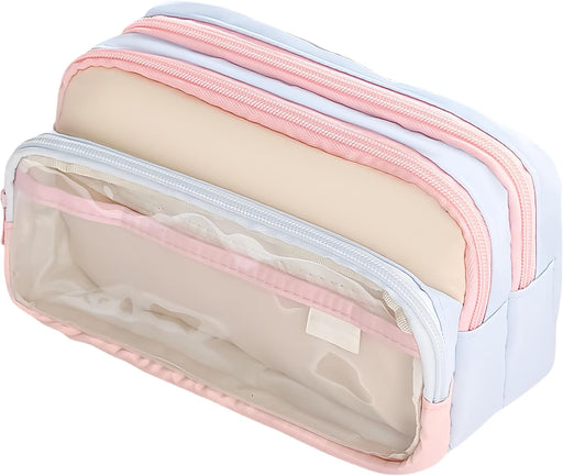 4 Layer Transparent Pencil Case, Large Capacity Organizer Pouch, Double Color Clear Storage Bag for Pens Makeup and Supplies, Aesthetic Desk and Travel Organizer, Pink