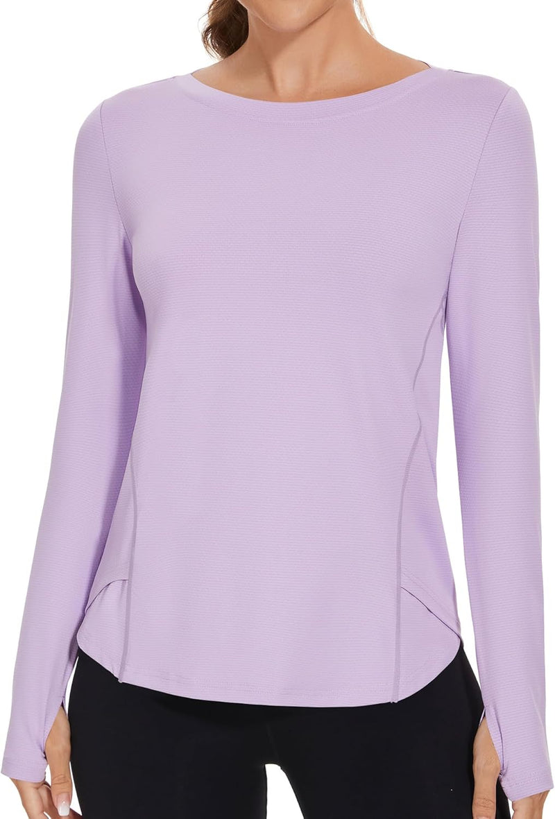 Rapbin Women's UPF 50+ Sun Protection T-Shirts Long Sleeve Boat Neck Workout Lightweight Quick Dry Top with Thumb Hole