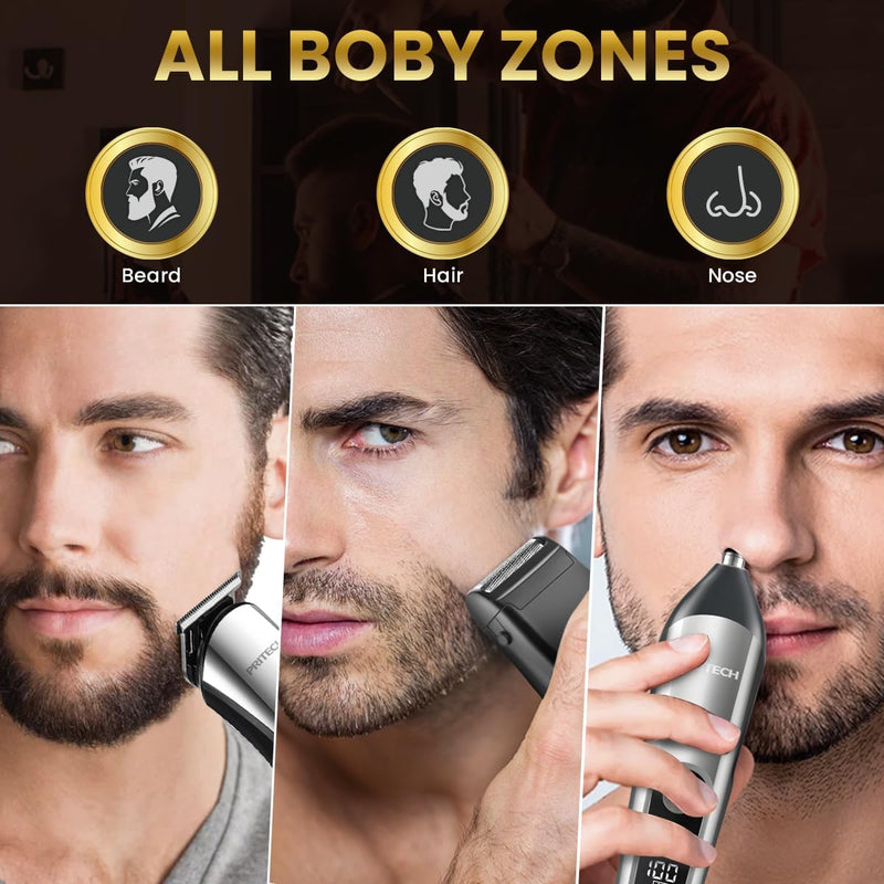 PRITECH Beard Trimmer for Men, 3 in 1 Hair Clippers for Men Kit, Nose Hair Trimmer, Micro Shaver Mens Grooming Kit Cordless Electric Hair Trimmer LED Display IPX6 (Silver)
