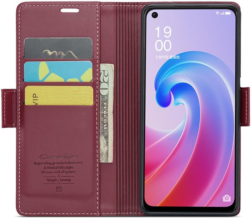 For Oppo A96 4G / A36 / A76 / K10 4G / Realme 9i 4G Leather Case RFID Blocking 3 Card Slot Mobile Cover - Red