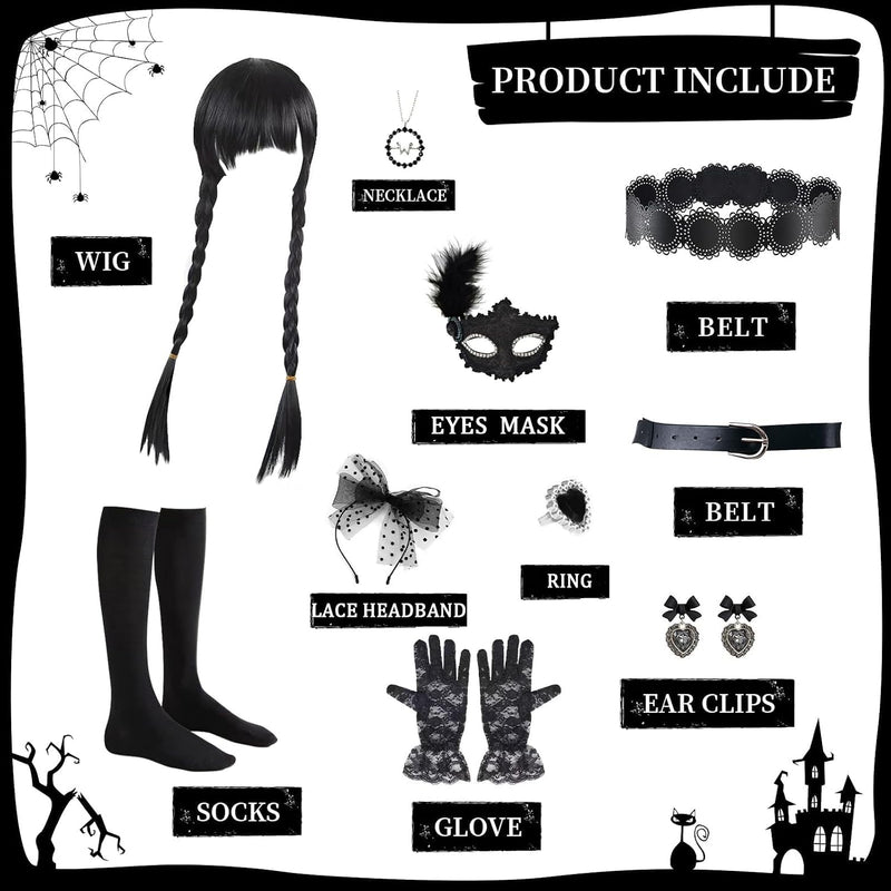 14 Pack Wednesday Black Costume, Wednesday Girls Dress, Kids/Teens Black Family Costumes, Girls Halloween Costumes Perfect for Halloween, Cosplay, and Parties
