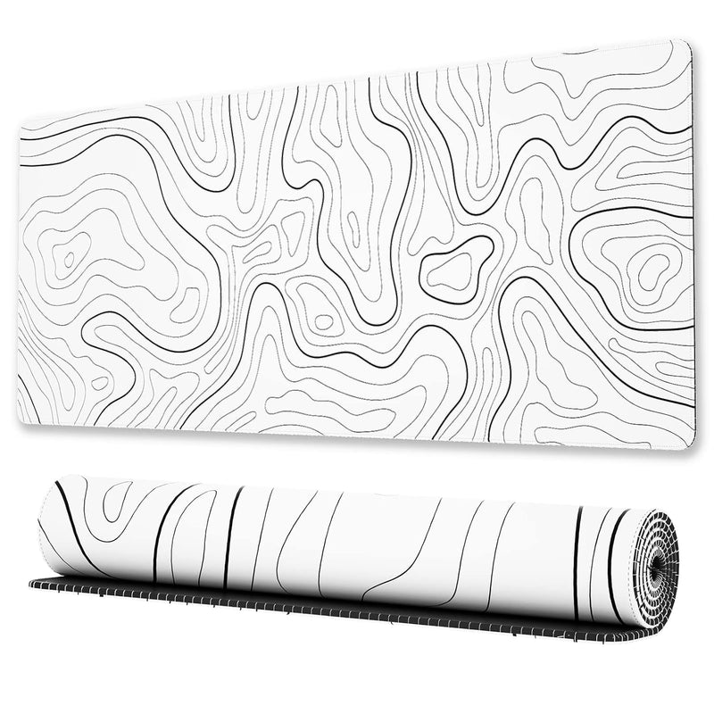 Ovenbird Large Gaming Mouse Pad with Stitched Edges, Minimalist Topographic Map Desk Mat, Extended XL Mousepad with Anti-Slip Base, Cool Desk Pad for Keyboard and Mouse, 31.5 x 11.8 in, White