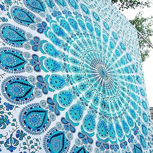 Bless International, Indian Wall Hanging Psychedelic Hippie Bohemian Peacock Mandala Tapestry Bed Sheet Gold Pink Blue King 225x265cm
