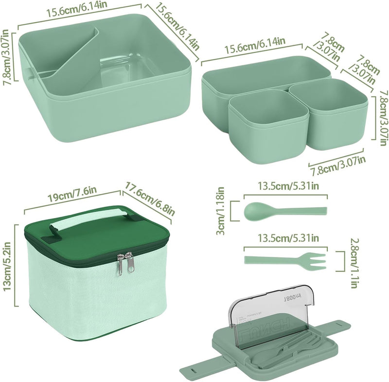 Bento Lunch Box 1800ML, Leak-Proof With 4 Compartments, Stackable Lunch Bento Box with Bag for Kids and Adults, Snack Container with Cutlery for School, Kindergarten, Office - Green, Camping, Travel