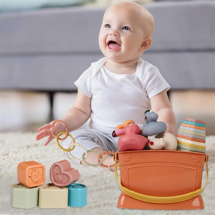 AM ANNA 5 in 1 Montessori Toys for Babies 6-48 Months,Stacking Cups,Rings Toy Links,Soft Stacking Rings,Blocks Set,Soft Animals Toys for Toddlers 1-3 Year Old Boys Girls Infant Bath Time