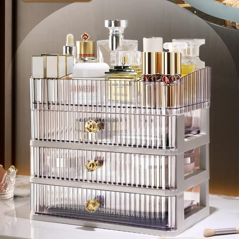 U-HOOME Makeup Organizer with 3 Drawers and Brush Holder, Counter-Top Cosmetics Organizer for Bathroom Vanity Countertops, Cosmetic Display Cases Desk Organizers and Storage for Lipstick,Nail Polish