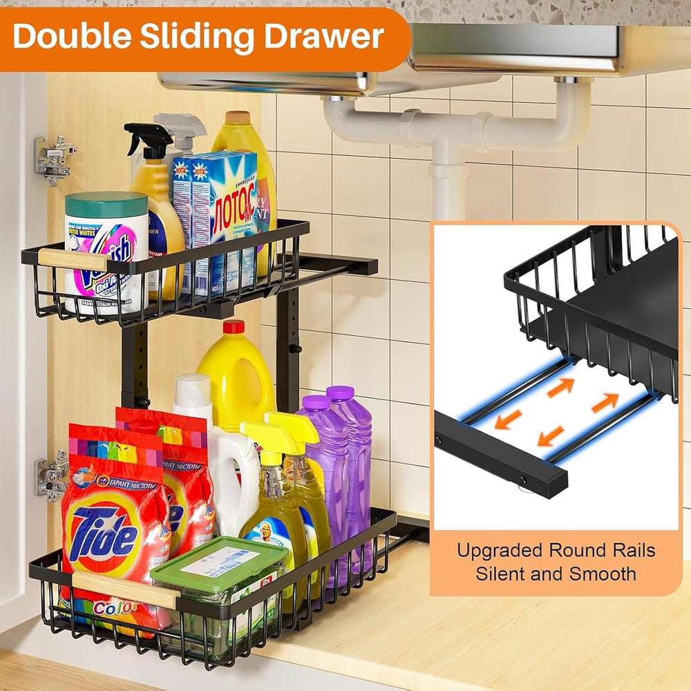 Under Sink Organizer, Height Adjustable Under Sink Organizers and Storage, 2 Tier Pull Out Drawer Cabinet Storage for Kitchen Bathroom, 1 Pack