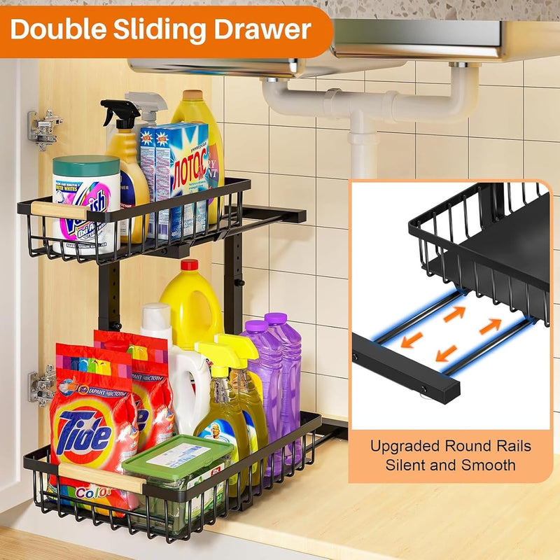 Under Sink Organizer, Height Adjustable Under Sink Organizers and Storage, 2 Tier Pull Out Drawer Cabinet Storage for Kitchen Bathroom, 1 Pack
