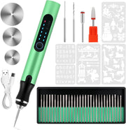 Electric Engraving Pen with 37 Bits, USB Rechargeable Cordless Etching Engraving Tool, Portable DIY Rotary Engraver for Jewelry Wood Glass Stone Carving (Silver) - Green