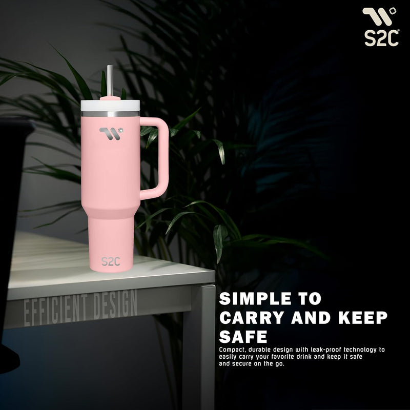 S2C 40oz Stainless Steel Tumbler with Handle & Straw – Double Wall Vacuum Insulated Mug – Leakproof, BPA-Free, Keeps Drinks Hot & Cold – Ideal for Office, Gym, Travel – Fits Car Cup Holder–(Blue)