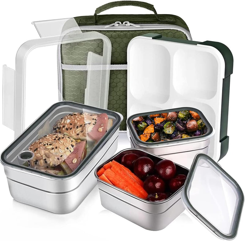 Insulated Bento Lunch Box Stainless Steel, 4 Removable Compartments For Adults & Kids With Lunch Bag Microwave/Dishwasher/Freezer Safe BPA Free, Leakproof Purple, 1060 ML - Green, 1260 ML