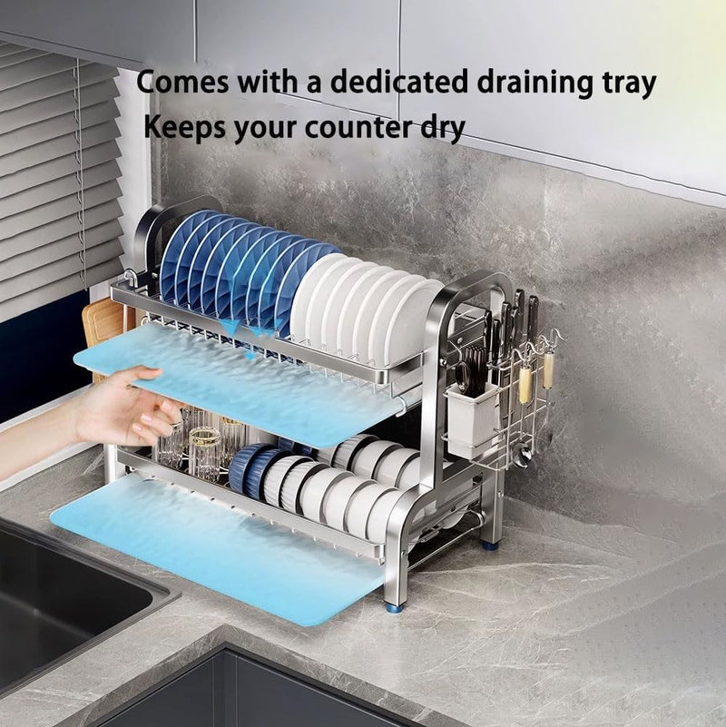2-Tier Stainless Steel Dish Drying Rack for Kitchen Counter Over Sink Dish Drainer Rack with Cutlery Holder Removable Drip Tray(Medium Size)
