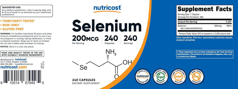 Nutricost Selenium 200mcg, 240 Vegetarian Capsules, L-Selenomethionine Gluten Free, GMO-Free