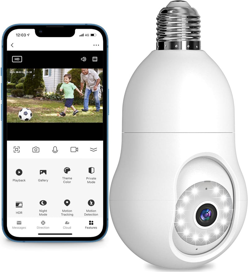 LuminLi 4MP Bulb Security Camera 2.4GHz,360° 2K Security Cameras Wireless Outdoor Indoor Full Color Day and Night,Motion Detection,Audible Alarm,Easy Installation (2.4GHz, White)