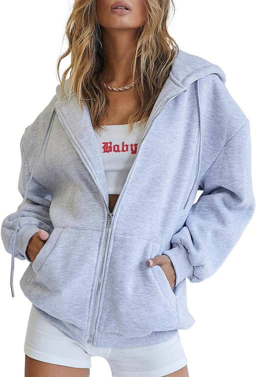 Womens Zip Up Y2K Hoodies Long Sleeve Fall Oversized Casual Sweatshirts Fleece Jacket with Pockets - Grey