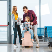4-Wheel Checked Luggage with Seat for Kids, Travel Suitcase with Adjustable Handle and Hard Shell, Ride-On Suitcase with Child Seat Design for Family Travel, 22 Inch, Pink