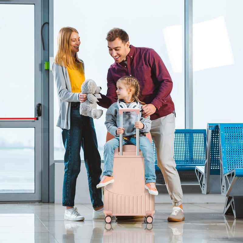 4-Wheel Checked Luggage with Seat for Kids, Travel Suitcase with Adjustable Handle and Hard Shell, Ride-On Suitcase with Child Seat Design for Family Travel, 22 Inch, Pink