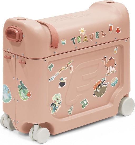 JetKids BedBox, Coral Pink - Ride-On Suitcase for Kids 2-7 Years Old (Up to 35 kg) - Transforms Into Bed - Includes Mattress, Decorative Stickers & Adjustable Carrying Strap