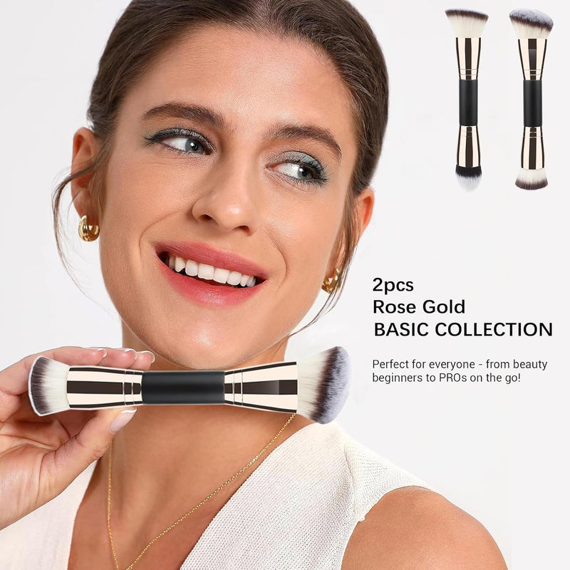 Zbzoalp 2 Pcs Double-Ended Makeup Brushes Foundation Brush, Concealer Brush, Slanted Contour Brush, Flawless, Professional Face,Premium Luxe, for Liquid Cream(Rose Gold)