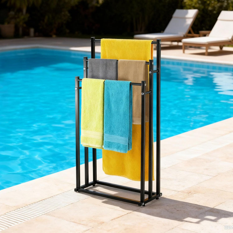 SKY-TOUCH 3 Tiers Metal Towel Rack Freestanding Drying Storage Display Rack for Bathroom Tub Shower Poolside- Bottom 44x21.5CM Height 66/76/86CM (86 44 21cm) Black
