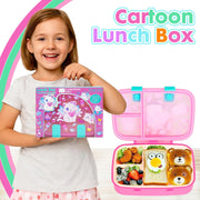Cute Cartoon Bento Lunch Box for Kids, 800ml/27oz BPA-Free Leak-Proof Food Containers with 3 Compartments, Dishwasher Safe, Back to School Students Lunches Size for Ages 4-8