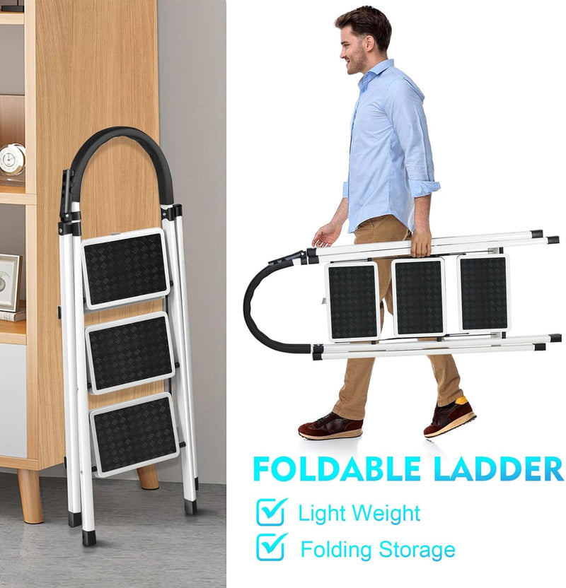 Foldable Ladder 3 Steps, Home Folding Step Stool with Wide Anti-Slip Pedal, Adults Folding Sturdy Steel Ladder for Home,Kitchen, Garden, Office