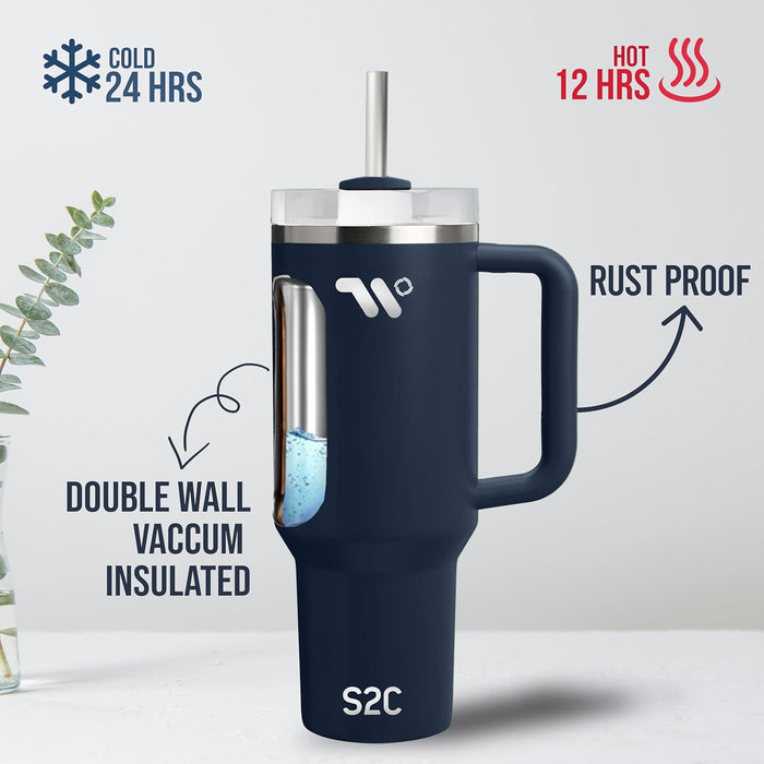 S2C 40oz Stainless Steel Tumbler with Handle & Straw – Double Wall Vacuum Insulated Mug – Leakproof, BPA-Free, Keeps Drinks Hot & Cold – Ideal for Office, Gym, Travel – Fits Car Cup Holder–(Blue)