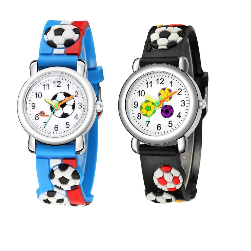Ywhalep 2 Packs Kids Watches for Boys 3D Football Cute Cartoon Silicone Children Toddler Wrist Watch Waterproof Time Teaching Easy to Read Watch