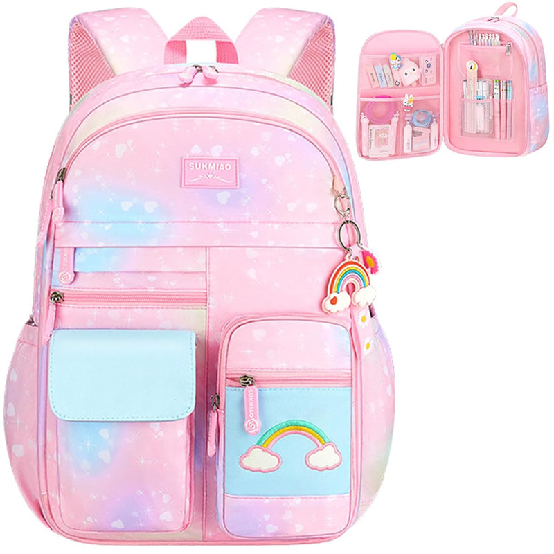 Qiccijoo Girls Backpack for Kids Bookbag Teens Girls Elementary School Bags Cute Student School Backpack Toddler Backpack Lightweight Waterproof Bag for Child(Pink)