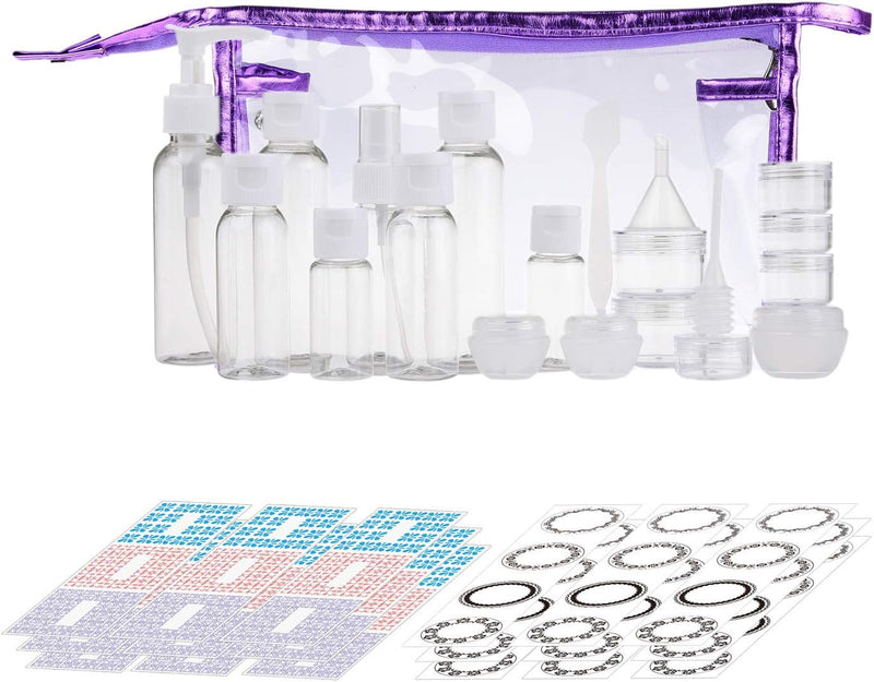 Travel Bottle Set - Refillable - TSA/Airline Approved - 12 Bottles and Jars - 3 Tools (Pipette, Funnel and Mini Spatula) - For Downsized Portions of Your Favorite Cosmetics, Lotions and Creams