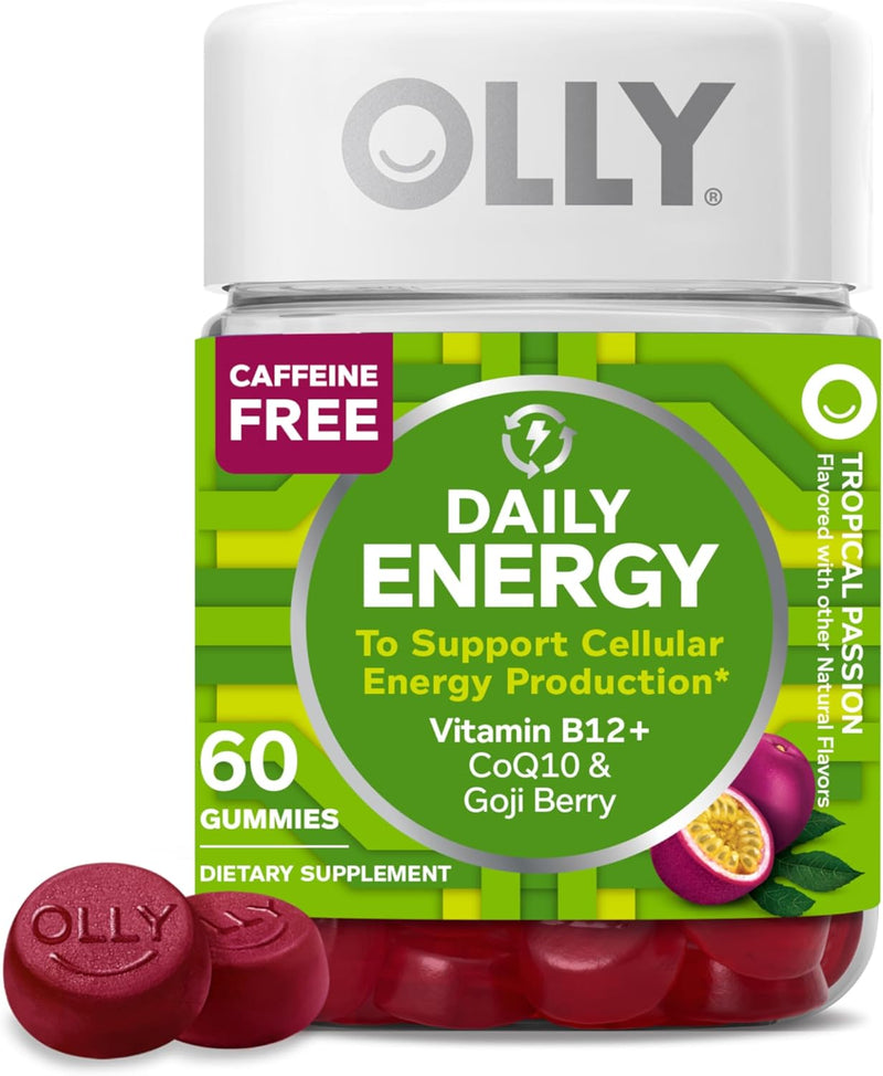 Daily Energy Gummy, 30 Day Supply (60 Gummies), Tropical Passion, Vitamin B12, CoQ10, Goji Berry, Caffeine Free, Chewable Supplement,Daily Energy, 60 Count - 60 Count (Pack of 1) Daily Energy