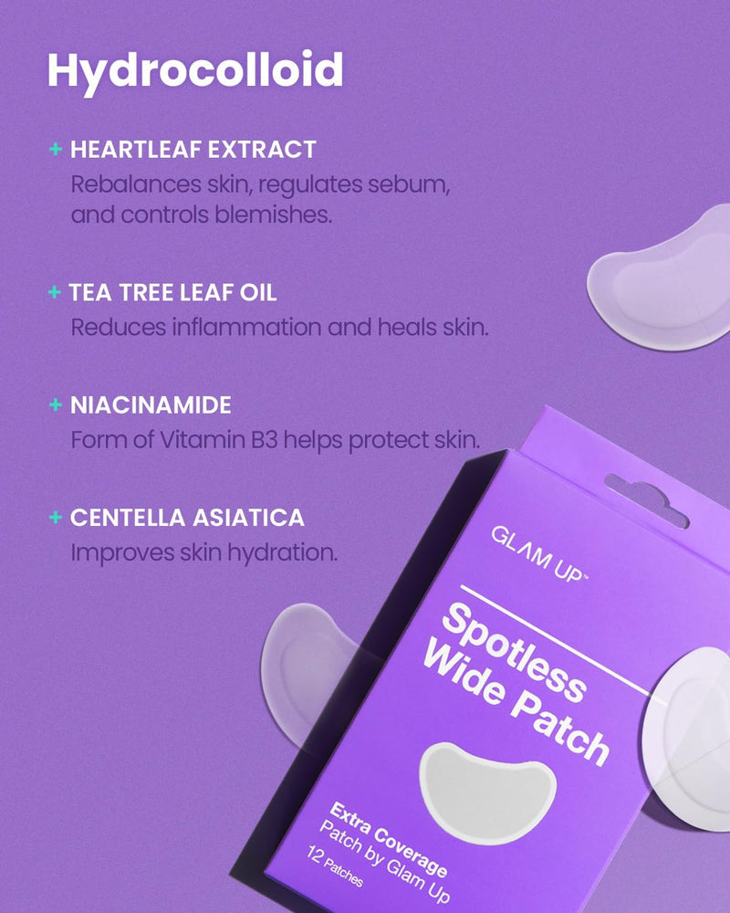 GLAM UP Spotless Wide Patch Hydrocolloid Coverage for Face Pores, Zits, and Oil - Strong Gunk Absorption Overnight, and Calm Treatment with Tea Tree (12 Patches)
