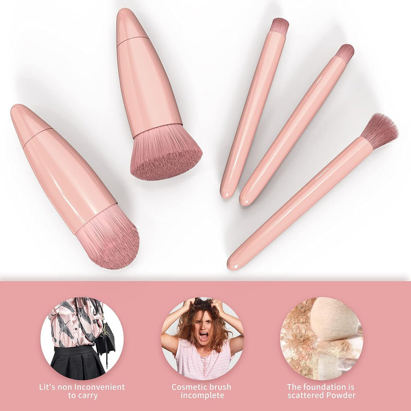 AMERTEER Travel Makeup Brushes Set, 5Pcs Mini Professional Cosmetic Brush Kit with Mirror, Soft Bristles, Portable Cosmetic Brushes for Foundation, Blush, Eyeshadow, Face Ideal Gift for Women