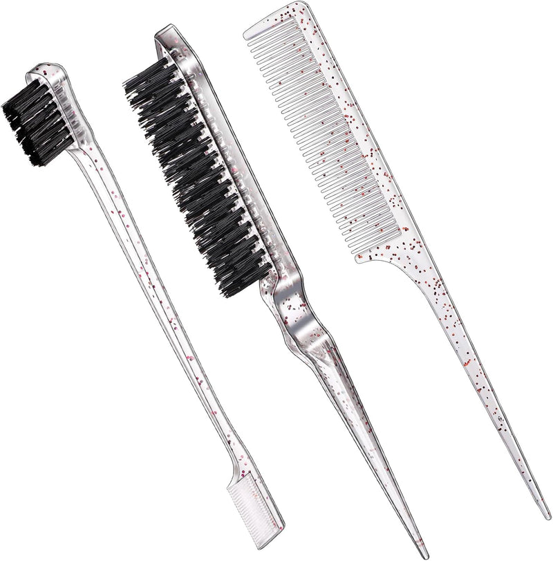 Geiserailie 3 Pcs Slick Back Hair Brush Set Bristle Brush Edge Control Teasing Comb for Women Black Hair(Black)