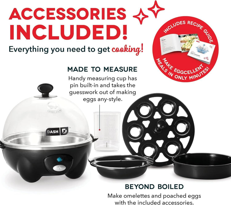 Dash Rapid Egg Cooker: 6 Egg Capacity Electric Egg Cooker for Hard Boiled Eggs, Poached Eggs, Scrambled Eggs, or Omelets with Auto Shut Off Feature, Black, 2 years warranty