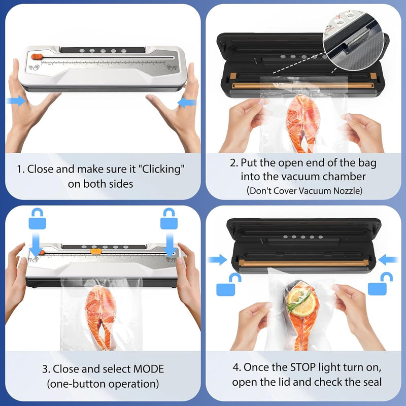 KASTWAVE Automatic Food Vacuum Sealer, Vacuum Sealer Machine 5 Modes with 5 Sealer Bags and Built-in Cutter, Compact One-Touch Food Sealer Vac Pack Machine for Sous Vide & Dry Moist Foods, White
