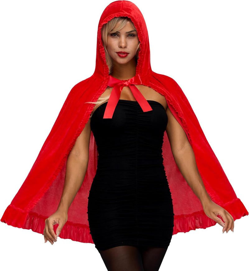 Spooktacular Creations Halloween Floral Red Riding Hood Cape for Adult Women, Short Riding Hooded Cloak for Cosplay Parties