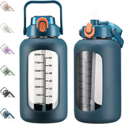 64oz Glass Water Bottles with Straw, Half Gallon Motivational Glass Bottle with Silicone Sleeve and Time Marker, 2L Leakproof Large Glass Water Jug for Gym Home Office,Black - 84 Ounces Blue