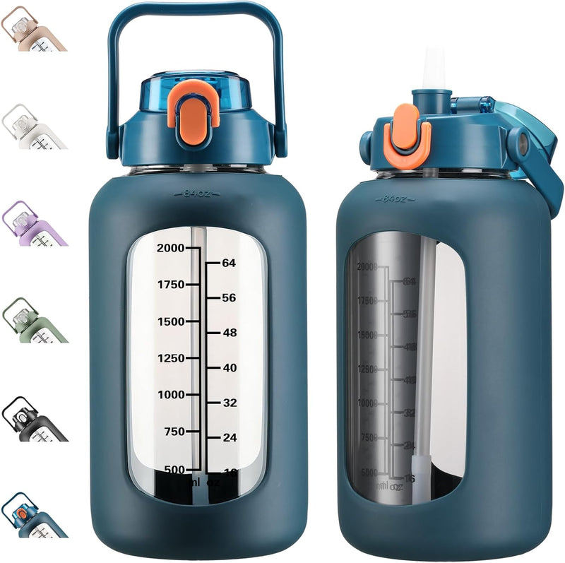 64oz Glass Water Bottles with Straw, Half Gallon Motivational Glass Bottle with Silicone Sleeve and Time Marker, 2L Leakproof Large Glass Water Jug for Gym Home Office,Black - 84 Ounces Blue