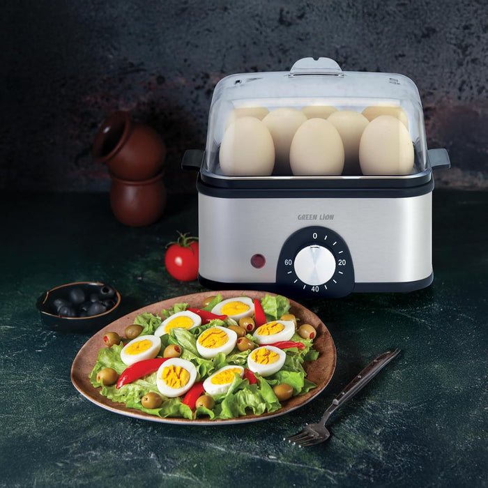 Green Lion 3-Tier Egg Cooker, Egg & Vegetable Steamer, 16 Eggs Capacity, 500mL Water Reservoir, 400-500W Power, 0-60min Timer, Stainless Steel Heating, Steam Vent Lid, Indicator Light - Gray