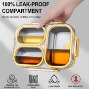 BIGTHREE Stainless Steel Lunch Box for Kids & Adults, Bento Lunch Box, 800-1000ml, 3 Compartment Metal Lunch Container, One-Touch Latch, Leakproof Food Container