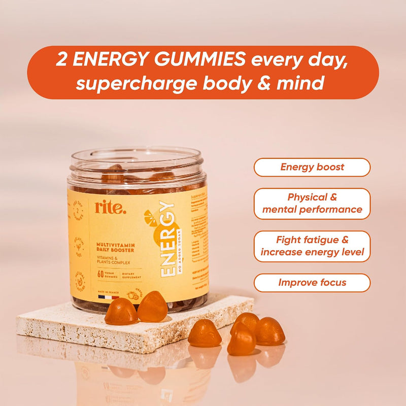 Rite Vitamin Gummies, Boost Energy, Immune Support, Caffeine Free, Ginseng, Guarana, Vegan, Orange Flavour (60 Count, 1 Month)