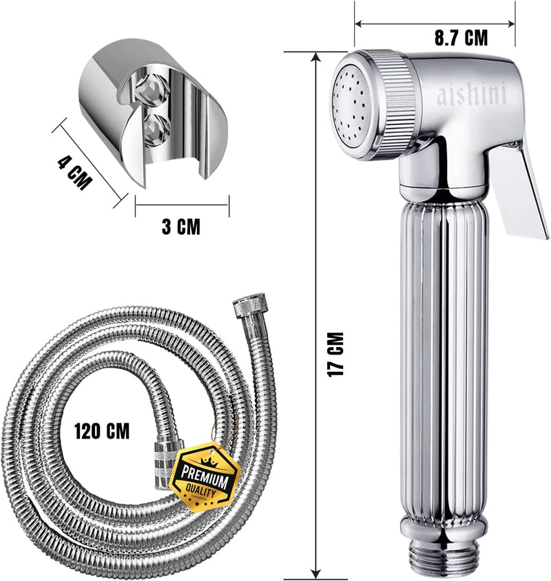 Aishini SSV2 High Pressure Shattaf Set, Heavy Duty Bidet Sprayer for Toilet with 120cm Stainless Steel Bidet Hose, Adjustable Control, Wall Mounted Bathroom Spray, Chrome (DIY Installation Kit)