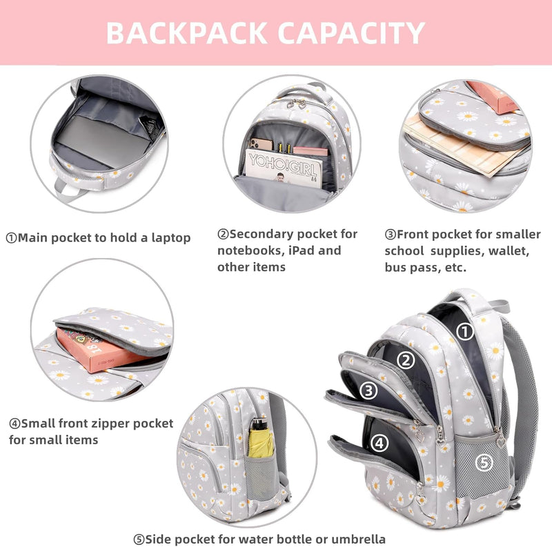 YNTT Girls Backpack Kids School Bookbag Set for Teen Girls Elementary Students Casual Back Pack with Lunch Box