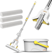 Zalcoon PVA Sponge Mop with Bucket, 3 Extra Ultra Absorbent PVA Sponge Refill, Household Cleaning Tool for Kitchen, Tiles, Multi-Surface Hard Floors - Bucket Set