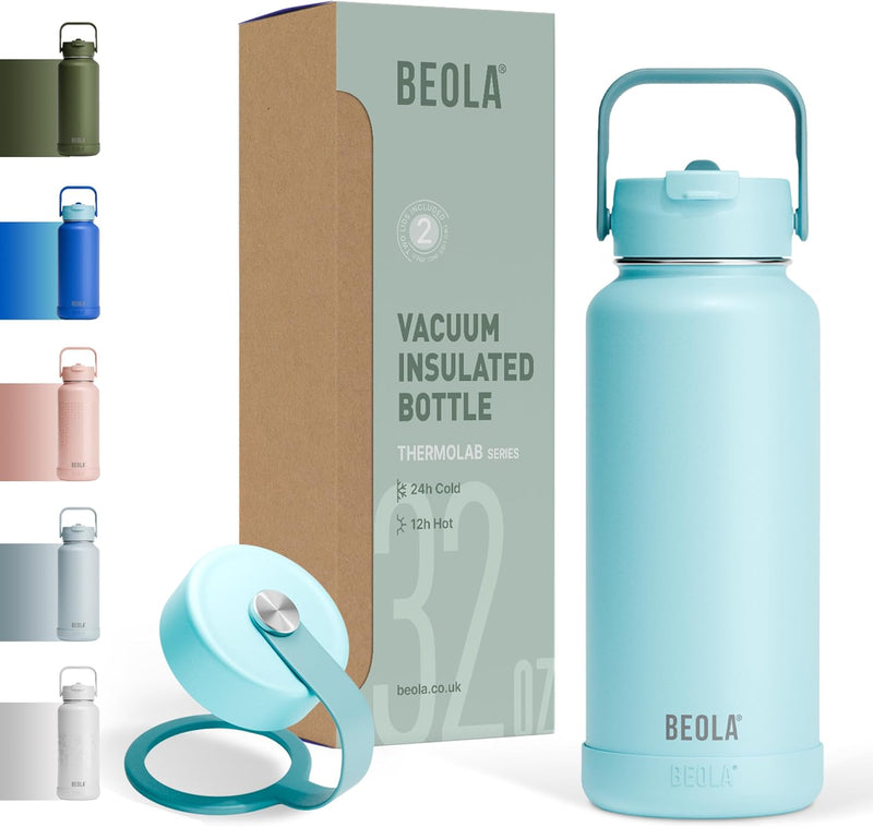 950ml Water Bottle 18/8 Stainless Steel 304 Double Wall Insulated Thermos Bottle with Straw Lid and wide mouth, 2 lids included, Hot Cold Liquids Sports Bottle, 32oz - Sage Mist