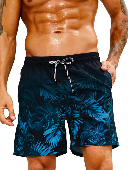 GORGLITTER Men's Drawstring Elastic Waist Tropical Print Swim Trunks Slant Pocket Summer Shorts